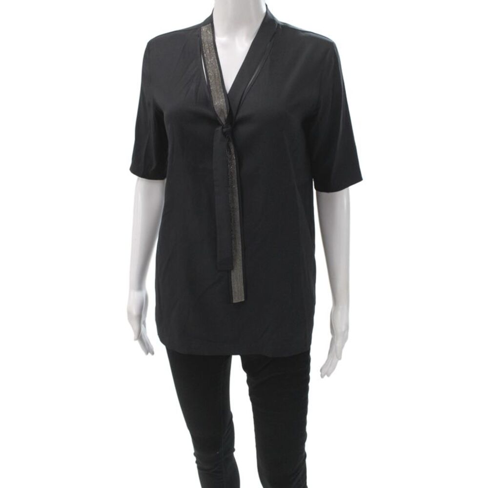 Fabiana Filippi Women V-Neck Black Short Sleeve Blouse 96% Viscose Size 2XS